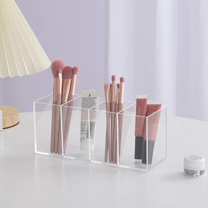 Acrylic Pen Holder 4 Compartments Clear Pencil Holder Organizer Makeup Brush Holder