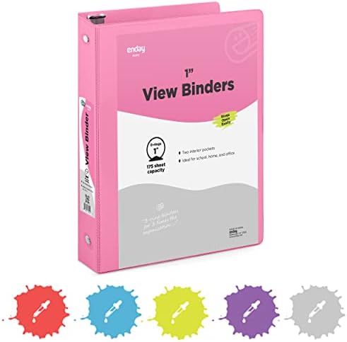 1 Inch 3 Ring Binder 1” Binder Pink Clear View Cover with 2 Inside Pockets, Colored School Supplies Office and Home Binders – by Enday