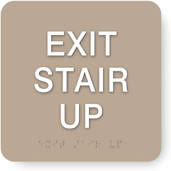 ADA EXIT STAIR UP braille sign, 6” x 6”, ADA Compliant Stair Exit Identification Sign for Building or Business, Many Colors Choices, Made in USA (Beige)