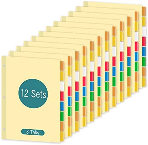 8-Tab Binder Dividers for 3 Ring Binder, Insertable Multicolor Big Tabs, Bulk Letter Size Paper Divider, 8.5 x 11 inch, 12 Sets (96 Dividers Total)