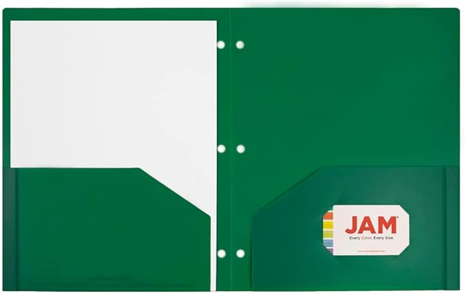 JAM PAPER Heavy Duty Plastic 3 Hole Punch Pocket Folders - Extra Tough School Folders - Green - 6/Pack