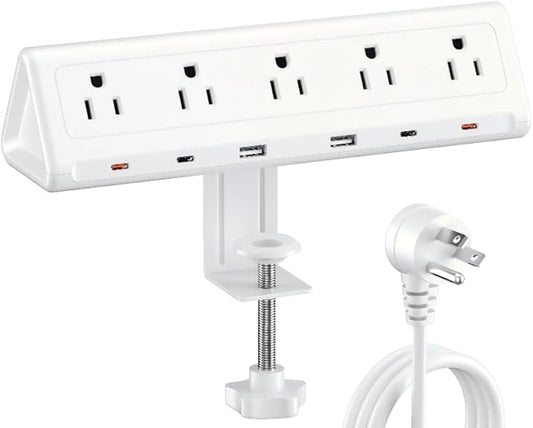 10 FT Desk Clamp Power Strip with 5 AC Outlets & 6 USB Ports PD 40W USB-C Fast Charging, 1250J Surge Protector, Fits 2.6 in top Edge White