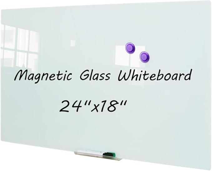 DEVELOP Magnetic Glass Whiteboard, 24 x 18 Inches (60 x 45 cm), Small Tempered Glass Dry Erase Board for Wall, Frameless White Board with Marker Tray, 4 Markers, 2 Magnets, 1 Eraser
