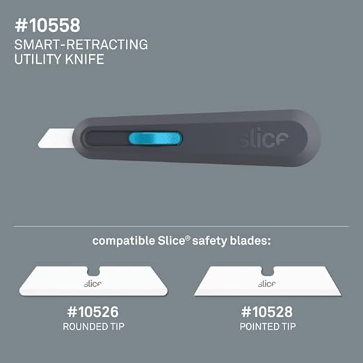 Slice Smart-Retract Utility Knife | Blade Automatically Retracts as Cutting Motion Finishes | Heavy Duty Box Cutter | Safe Ceramic Blade Lasting 11x Longer than Metal | 6 Pack