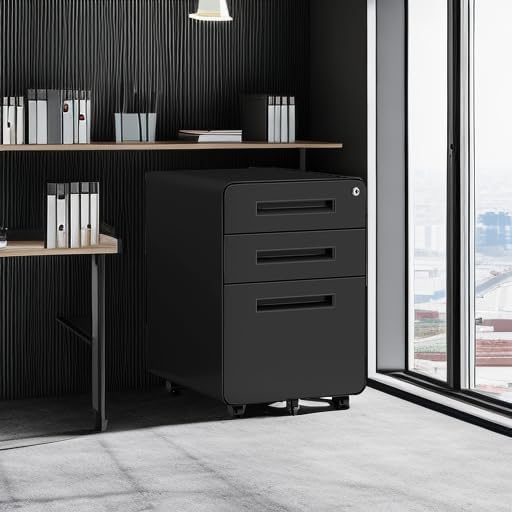 MIIIKO Mobile Filing Cabinet 3 Drawer, Rolling Small File Cabinet with Keys Under Desk, Modern Black Filing Cabinets for Home Office with Anti-tilt Wheels, A4/Letter/Legal Hanging File Drawers