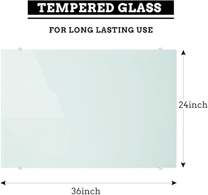 DEVELOP Magnetic Glass Whiteboard, 36 x 24 Inches, White Frosted Surface, Modern Tempered Glass Dry Erase Board for Wall with Marker Tray,Frameless, Includes Markers, Magnets & Eraser