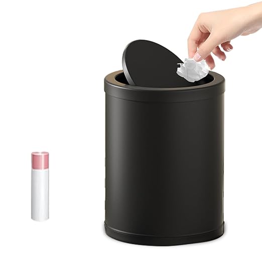 4 Gallon/15L Metal Trash Can with Lid, Bathroom Garbage Can Flipping Lid, Modern, Powder Room, Black Waste Baskets, for Bathroom, Commercial, Kitchen, Office, Hotel(15L-Black)