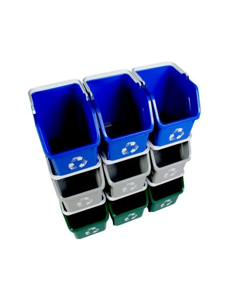 Multi Recycling System with Three Stackable 5 Gallon Bins to Build Your Recycling Center for Offices, Homes, Garages, Businesses - (9 Pack, Blue/Grey/Green)