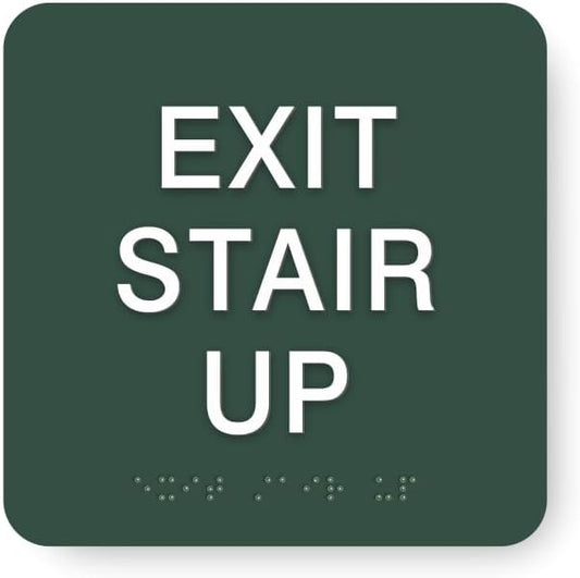 ADA EXIT STAIR UP braille sign, 6” x 6”, ADA Compliant Stair Exit Identification Sign for Building or Business, Many Colors Choices, Made in USA (Hunter Green)