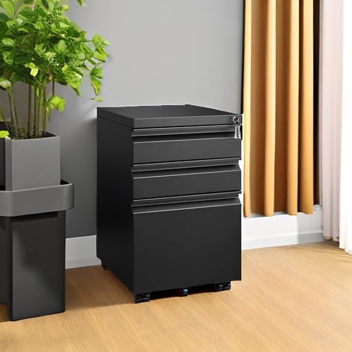 3 Drawer File Cabinet for Home Office, Under Desk Mobile Filing Cabinet with Lock for A4-Size/Letter-Size/Legal-Size, Black (HSEJ-3D)
