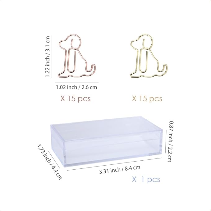 OWLFAVO 30pcs Puppy Dog Shape Paper Clips with Clear Box, Rose Gold and Yellow Gold, Funny Cute Paperclips Bookmarks Planner Clips for Fun Office Supplies School Gifts Wedding Decoration