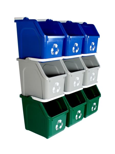 Multi Recycling System with Three Stackable 5 Gallon Bins to Build Your Recycling Center for Offices, Homes, Garages, Businesses - (9 Pack, Blue/Grey/Green)