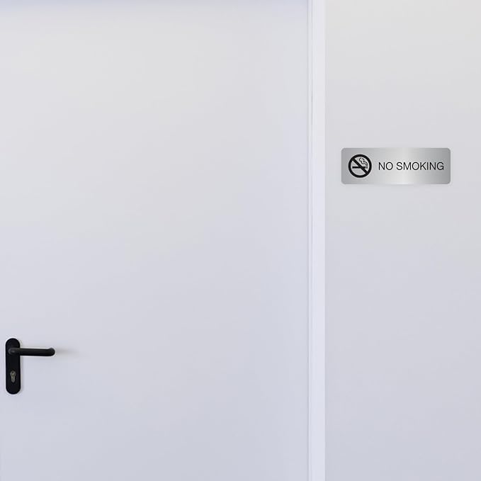 No Smoking Silver Sign/Small Business Restaurant Office School Smoking Prohibited Notice / 3" x 9" Flat Easy Adhesive Door And Wall Mount/Made In The USA