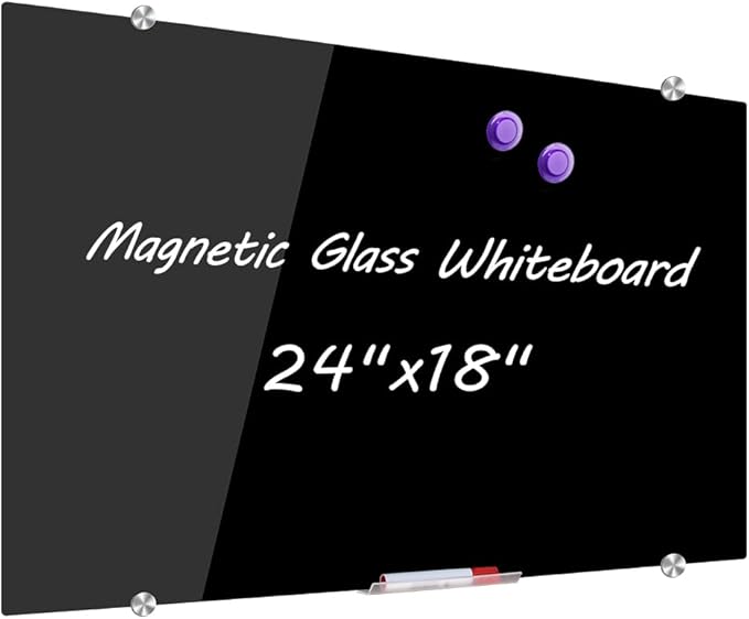 DEVELOP Magnetic Black Glass Dry Erase Board 24 x 18 Inches (60 x 45 cm), Small Frameless Wall Mounted Writing Glass Whiteboard with 4 Markers, 2 Magnets, 1 Eraser
