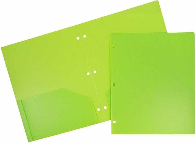 JAM PAPER Heavy Duty Plastic 3 Hole Punch Pocket Folders - Extra Tough School Folders - Lime Green - Bulk 48/Pack