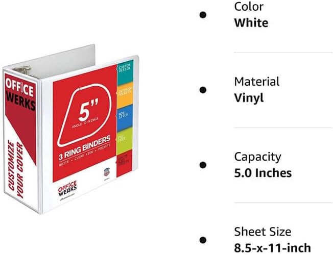 3 Ring Binder, Professional D Ring 5 Inch, Presentation Folder for Standard Pages 8.5 x 11 with Pockets, Crystal Clear View White (4 Pack)