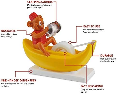 Amazeko Clapping Monkey Tape Dispenser with Cymbals, Fun Animal Desk Decor, 1 in Core, Non-Slip Weighted Banana