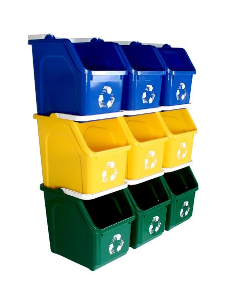 Multi Recycling System with Three Stackable 5 Gallon Bins to Build Your Recycling Center for Offices, Homes, Garages, Businesses (9 Pack, Blue/Yellow/Green)
