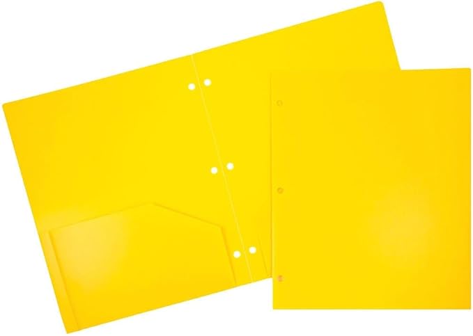 JAM PAPER Heavy Duty Plastic 3 Hole Punch Pocket Folders - Extra Tough School Folders - Yellow - 3/Pack
