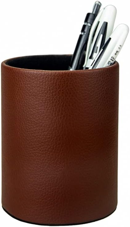 Pen Pencil Holder Cup Container PU Leather Desk Organizer Stand Decor Brush Scissor Holder Decoration Office Desk Home School (3.3" x 3.3" x 4", Brown)