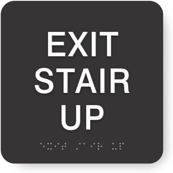 ADA EXIT STAIR UP braille sign, 6” x 6”, ADA Compliant Stair Exit Identification Sign for Building or Business, Many Colors Choices, Made in USA (Black)