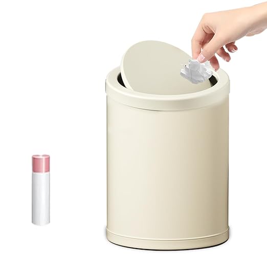 4 Gallon/15L Metal Trash Can with Lid, Bathroom Garbage Can Flipping Lid, Modern, Powder Room, White Waste Baskets, for Bathroom, Commercial, Kitchen, Office, Hotel (15L-White)