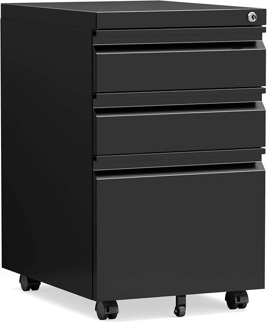 STANI 25" H 3 Drawer Mobile File Cabinet with Lock, Under Desk Metal Filing Cabinet, Locking Office Mobile Cabinet with Wheels, Letters/Legal/A4(Assembly Required Black)