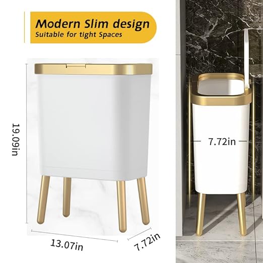 Procade Bathroom Trash Can with Lid, Plastic Garbage Can with Legs, 4 Gallon Gold Trash Bin with Push Button, Narrow White Trash Can Waste Basket for Bedroom, Living Room,Office，Dog Proof Trash Bin