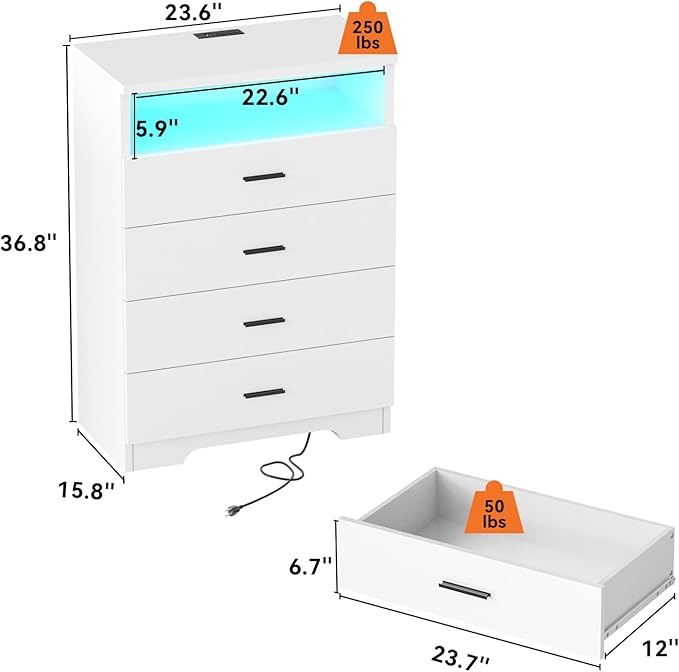 Dresser with Power Outlets and LED Lights Wooden 4 Drawer Dresser with Large Organizer Tall White Drawer for Bedroom Modern Chest of Drawers Closet for Living Room Kids Room