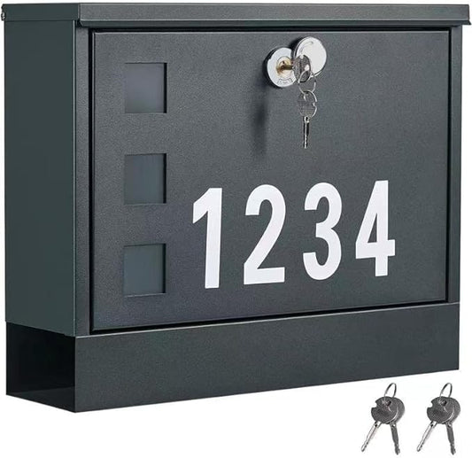 LAND·VOI Locking Mailbox Wall Mounted, Metal Postbox with Three Sets of Mail Box Number Stickers, 4 Keys, 14.4" x 4.5" x 11.2", Large Capacity, Anthracite Gray AMB11G