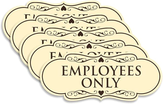 Designer EMPLOYEES ONLY Sign | Easy Installation | Office or Business Signs | Workplace Safety - Ivory/Dark Brown - Large (5 Pack)