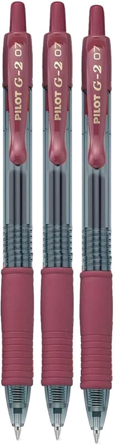 G2 Retractable Premium Gel Ink Roller Ball Pens Fine Point Fine Point (.7mm) Burgundy Ink 3-pk; Refillable & Premium Comfort Grip Bundle with Plastic Reusable Pouch