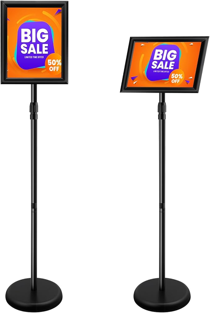Poster Sign Stand Holder Adjustable Heavy Duty Aluminum Pedestal Floor Standing Sign Holder Vertical and Horizontal View Sign Displayed Snap Open,Advertising Display Stand (Black, 8.5x11inches)