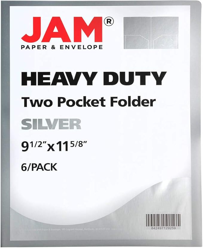 JAM PAPER Heavy Duty Plastic 2 Pocket Extra Tough School Folders - Silver - 6/Pack