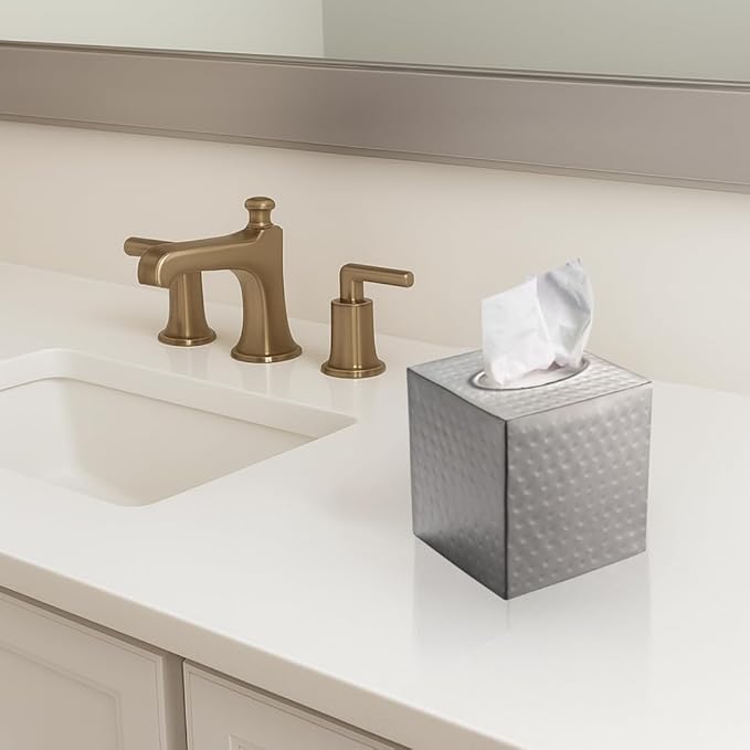 Monarch Abode Hand Hammered Tissue Box Cover Square, Pewter Tissue Holder for Bathroom, Square Metal Dresser Accessories for Home, Decorative Tissue Box Holder, Pewter Handcrafted Tissue Cover