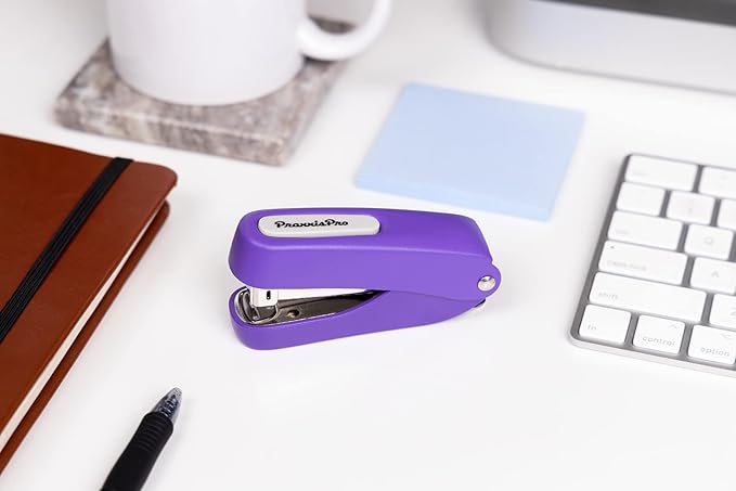 Praxxis Pro Office Supplies - Aria-Plus Half-Strip Mini Stapler - Durable, Compact, and Colorful Stapler for Office and Travel Use, Compatible with Standard 26/6 Staples, Purple