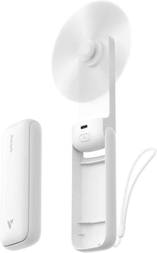 Aecooly Slim Portable Fan, Thin Handheld Fan, USB Rechargeable Mini Personal [24H Max Cooling Time], Battery Powered Small Foldable Pocket for Travel, Summer, Gifts for Women, Girls -White