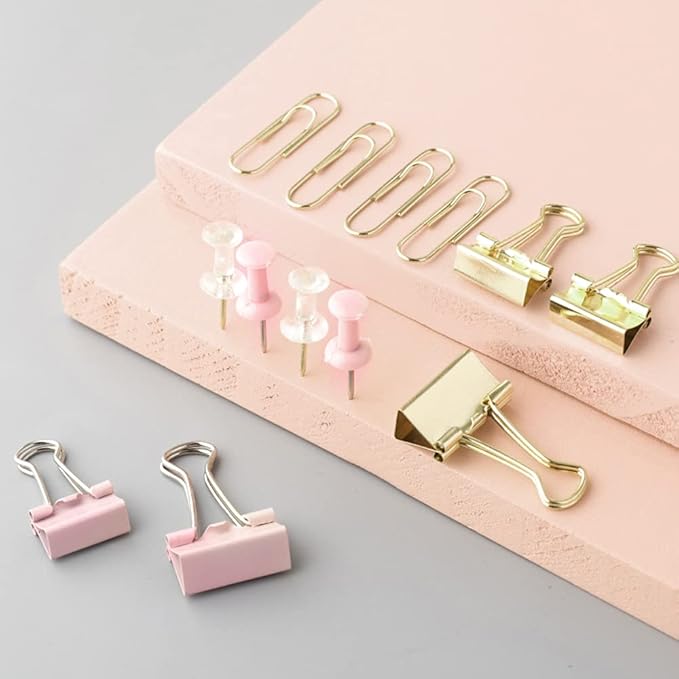 Paper Clips and Binder Clips Set, Metal Assorted Sized Binders with Push Pins, Cute Office Supplies for Desk, Desk Accessories (Gold Set of 3)