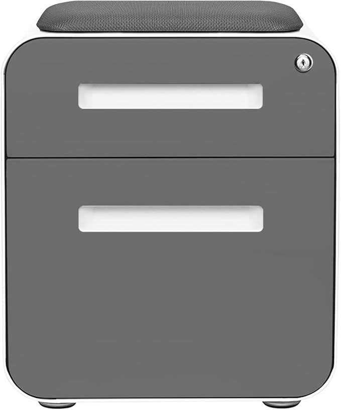 Laura Davidson Furniture STOCKPILE Mini Seated 2 Drawer Mobile File Cabinet with Removable Magnetic Cushion Seat - Short Version, Metal Filing Cabinet, Pre-Assembled, Dark Grey Face with Grey Cushion