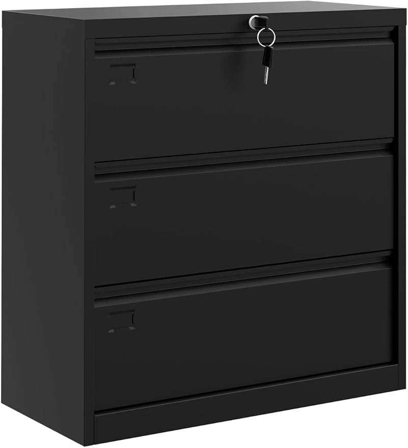 3 Drawer Lateral File Cabinet, Metal Filing Cabinet with Lock & Keys, Fit Letter/Legal/A4 Size Documents, Easy to Assemble for Home Office & Workspaces, Black