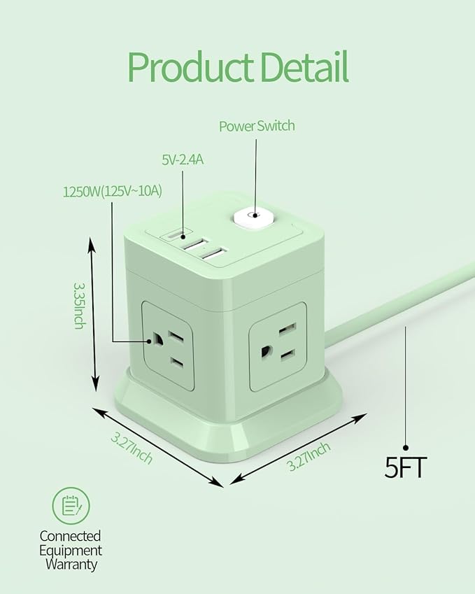 Cube Power Strip, FDTEK 4 Widely Spaced Outlet with 3 USB (1 USB C) Flat Plug Power Strips with Long Extension Cords Space Save Compact Portable for Travel Home Office Cruise (Green)