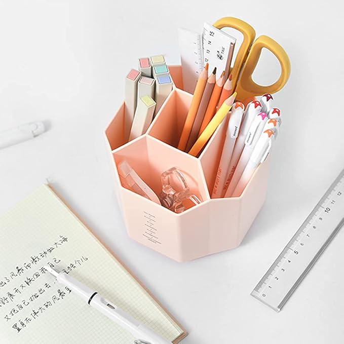 Rotating Desk Organizer, Pencil Holders, Office Accessories Caddy, School Supplies Organizer for Pen, Colored Pencil, Art Brushes, 5 Compartments, Gift for Teachers, Classmates, and Friends (Pink)