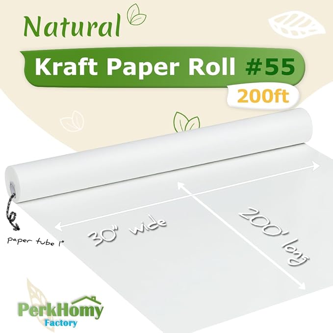 PerkHomy 30" x 2,400" (200') White Kraft Paper Roll for Craft Bulletin Board Paper Art Table Covering Crafting Gift Wrapping Bouquet Packing Parcel 80GSM 55LB (White, 30" x 200')