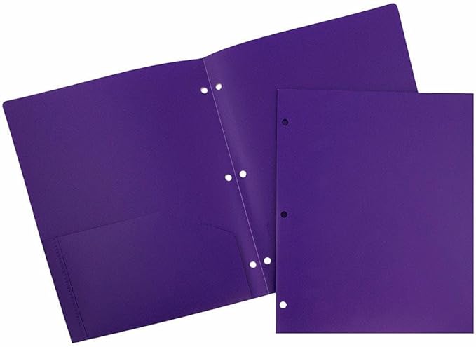 JAM PAPER Heavy Duty Plastic 3 Hole Punch Pocket Folders - Extra Tough School Folders - Purple - Bulk 144/Box
