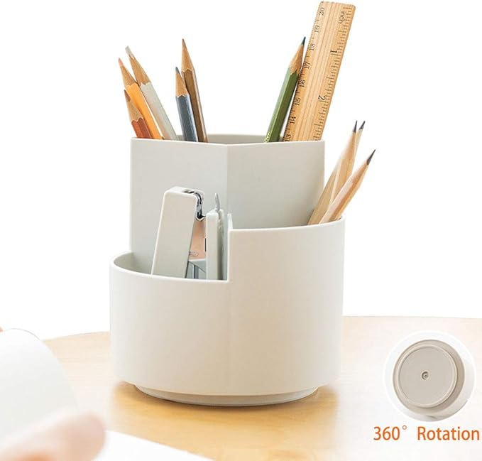 Rotating Art Supply Organizer, Pen Holder 3 Compartments, School Supplies Organizer for Pen, Colored Pencil, Art Brushes, Gift for Teachers, Classmates, and Friends,White
