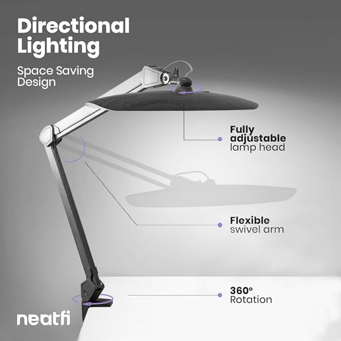Neatfi XL 2,200 Lumens LED Task Lamp, 24W Super Bright Desk Lamp, 117 Pcs SMD LED, 4 Level Brightness, Dimmable, Task Light for Home, Office, Workbench (Non-CCT, Gray Wood)