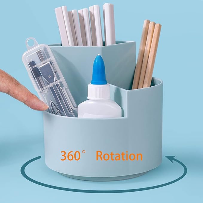 Rotating Pen Holder 3 Compartments, School Supplies Organizer for Pen, Colored Pencil, Art Brushes, Desktop Storage Box in Classroom & Art Studio, Gift for Teachers, Classmates, and Friends ,Blue