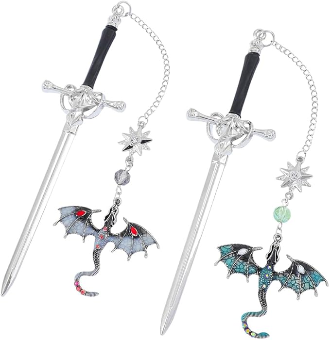 Fantasy Dragon Leather Corner Bookmark, Elegant Metal Dragon Charms Leather Page Saver, Chic Book Accessory for Bookworms, Great Gift for Dragon & Book Lovers (Dragon Sword A)