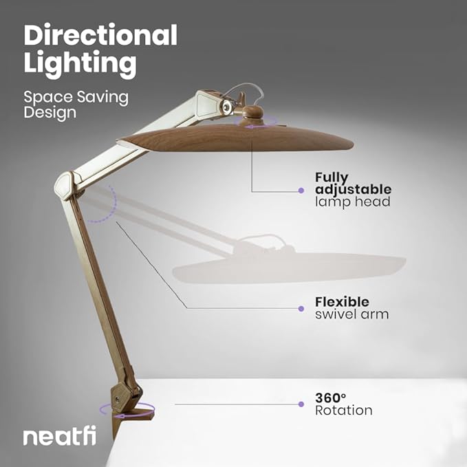 Neatfi XL 2,200 Lumens LED Task Lamp, 24W Super Bright Desk Lamp, 117 Pcs SMD LED, 4 Level Brightness, Dimmable, Task Light for Home, Office, Workbench (Non-CCT, Brown Wood)