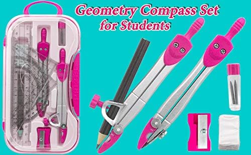 Geometry Set Maths Compasses for Grade Students Back to School Supplies with Compasses Protractor in Carry Case, Pink